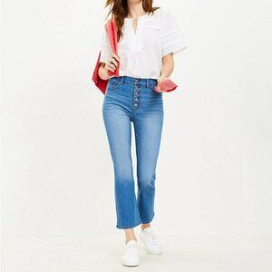 LOFT Kick Crop Button Fly Jeans Bright Mid Indigo Wash Flare High Rise Sz 26/2